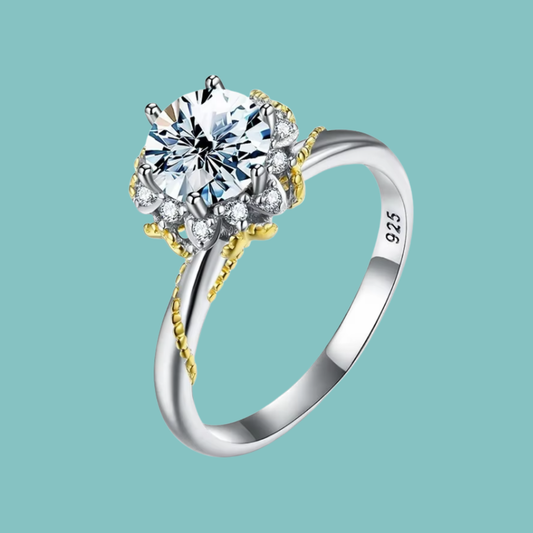 Vintage style round moissanite statement ring with intricate floral inspired halo setting