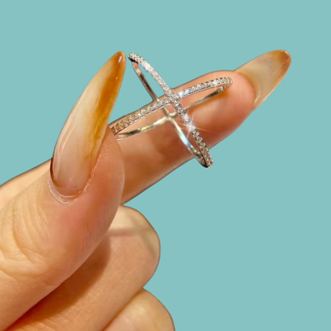 Vesper X moissanite ring with intersecting pavé bands in a gold-tone finish