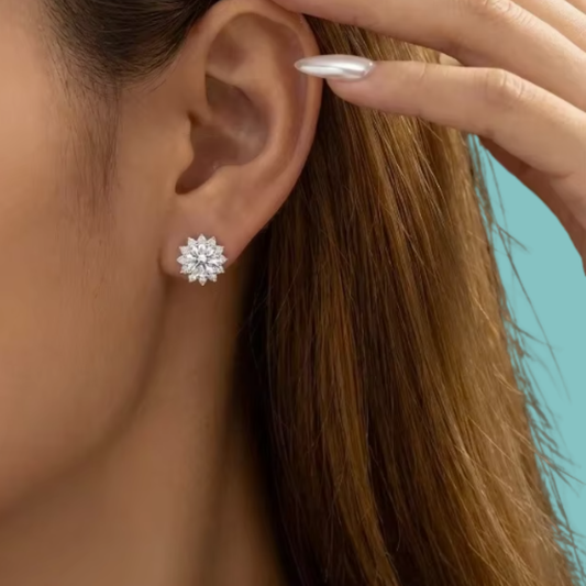 Sparkling round-cut moissanite earrings surrounded by delicate accent stones