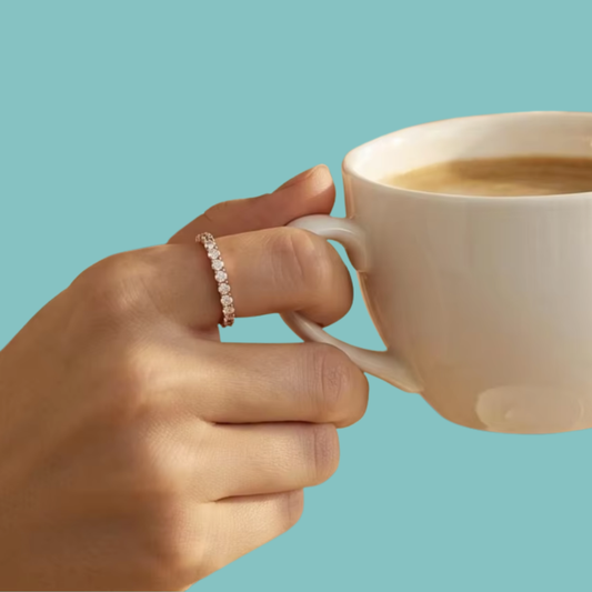 Sparkling moissanite stacking band available in rose, yellow and white gold plating