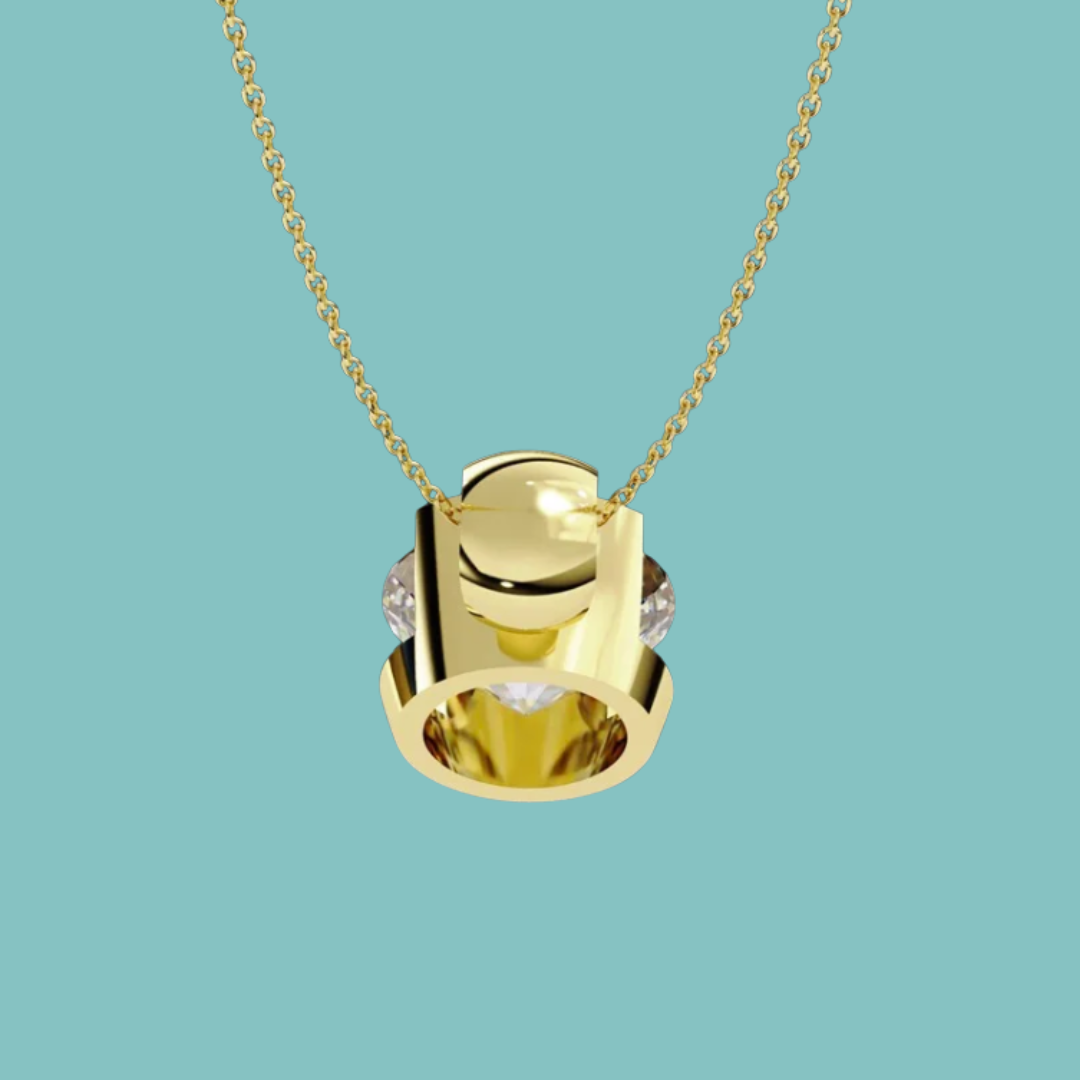 Close-up of a brilliant solitaire moissanite necklace with a polished setting