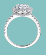 A silver-toned halo engagement ring with a round-cut center stone and small accent stones along the band, shown on a solid light teal background.