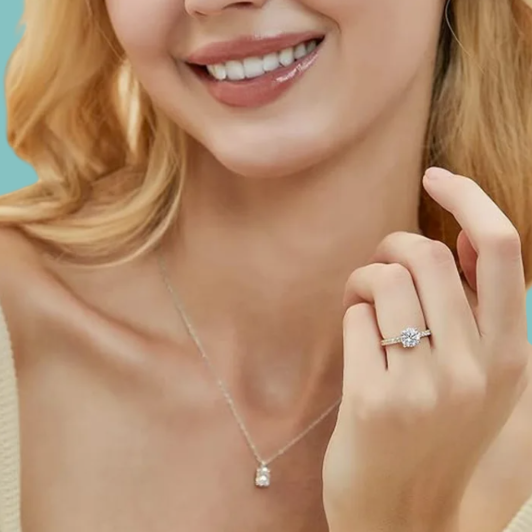 1 carat round moissanite engagement-style ring with hidden halo, pavé band and four-prong setting in 14K gold filled.
