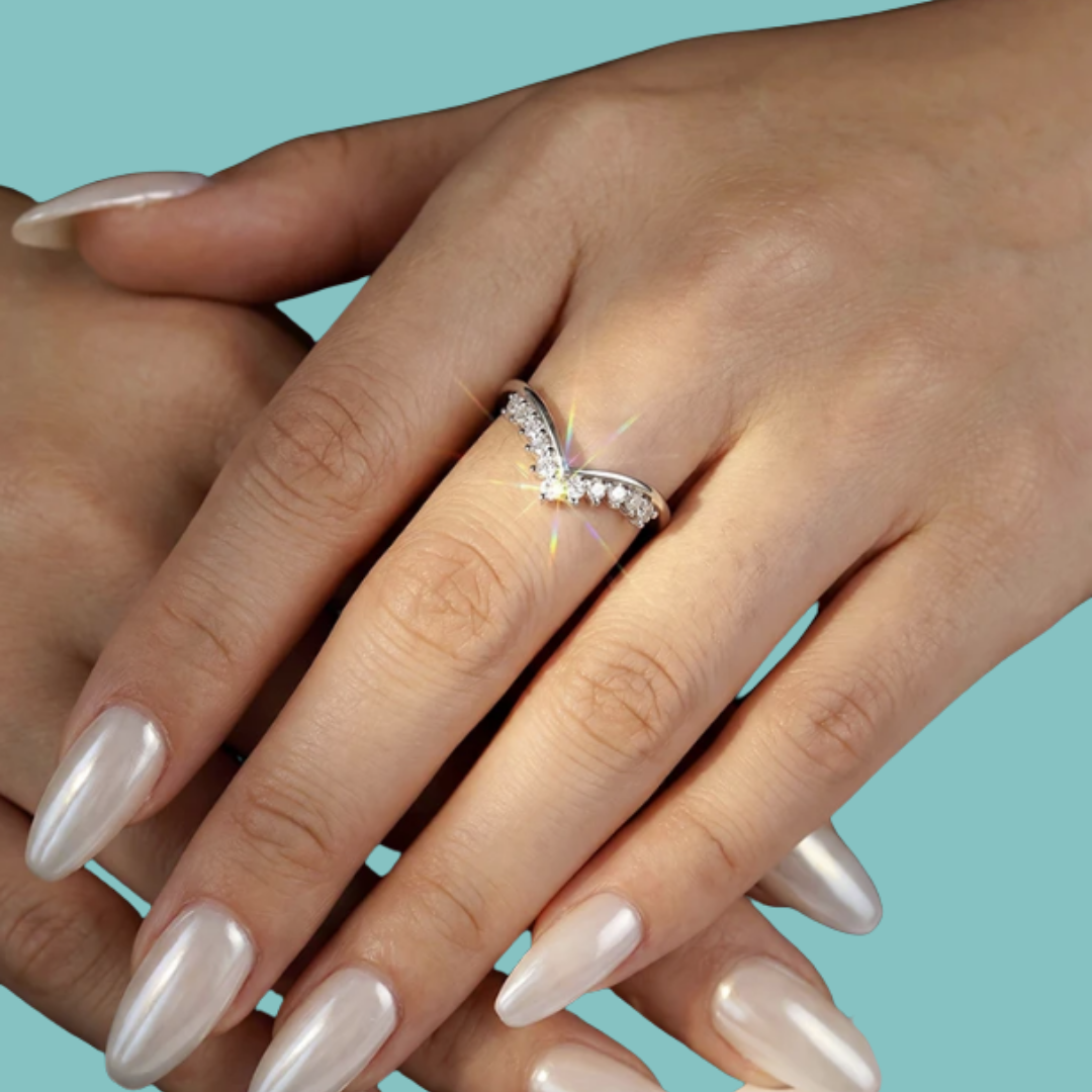 Moissanite contour wedding band in a V-shaped design, perfect for pairing with an engagement ring.