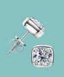 Cushion cut moissanite stud earrings in sterling silver with four prong setting