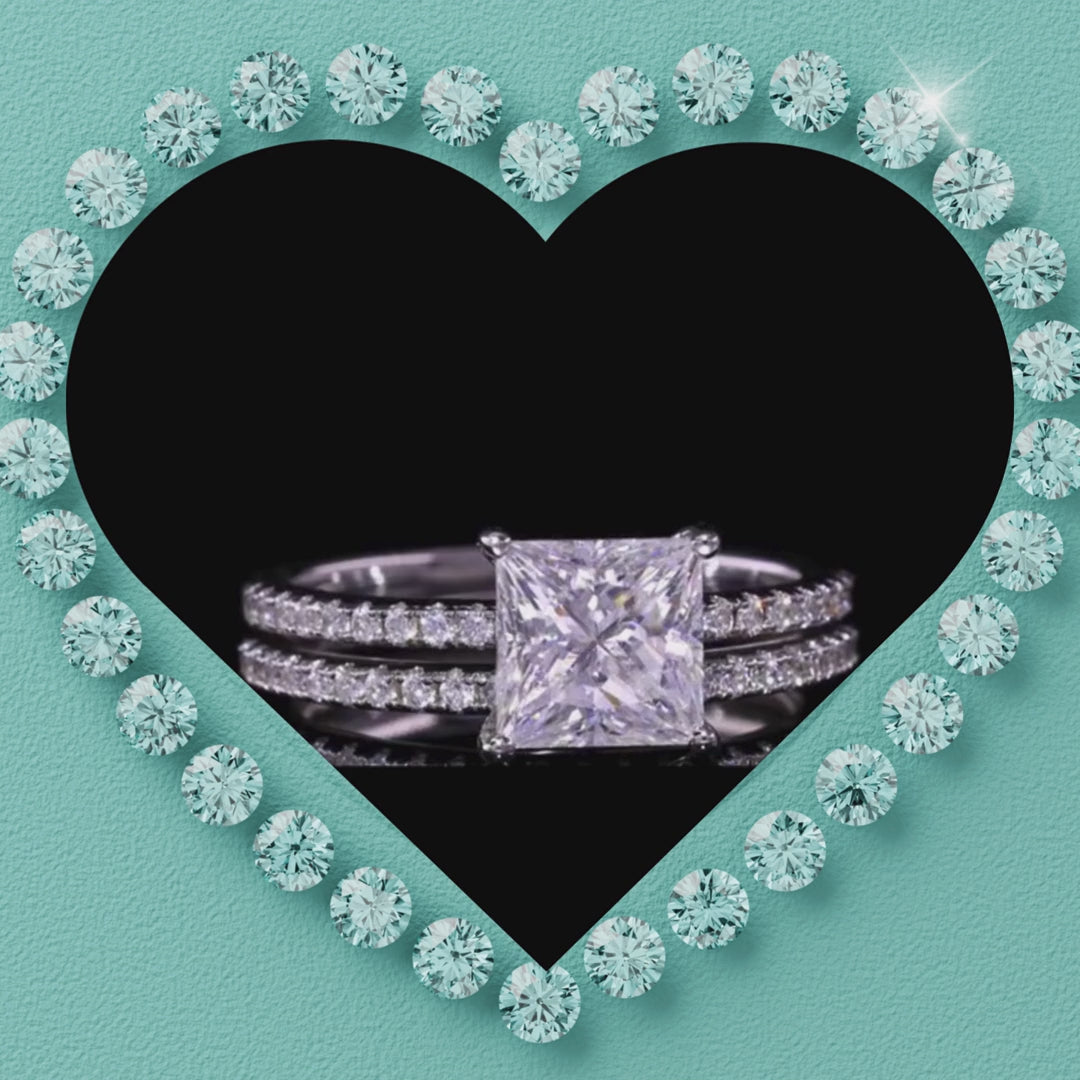 Sparkling vide of a princess cut moissanite ring set with a brilliant faceted centre stone and delicate matching band.