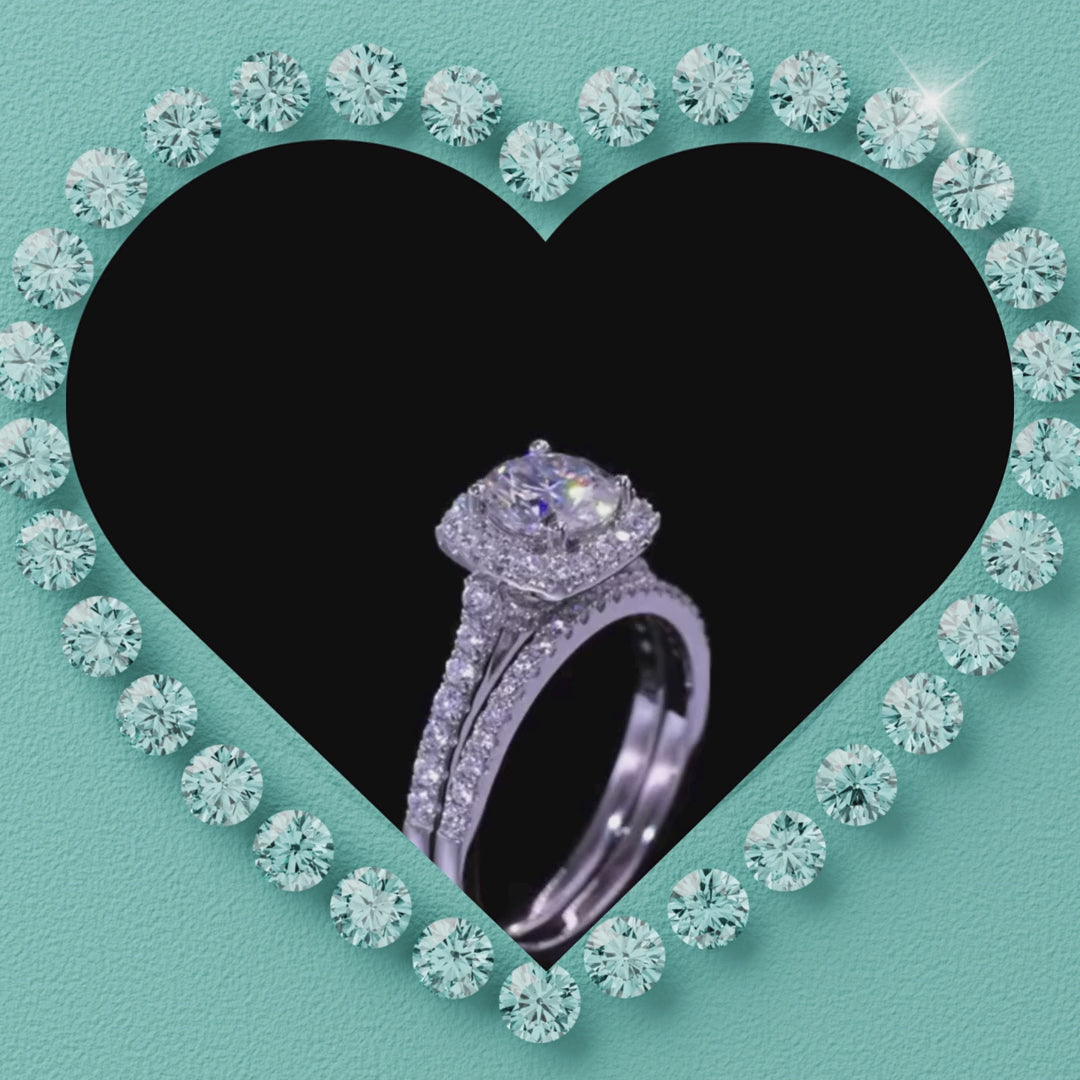 Square halo bridal ring set in sterling silver with pavé band