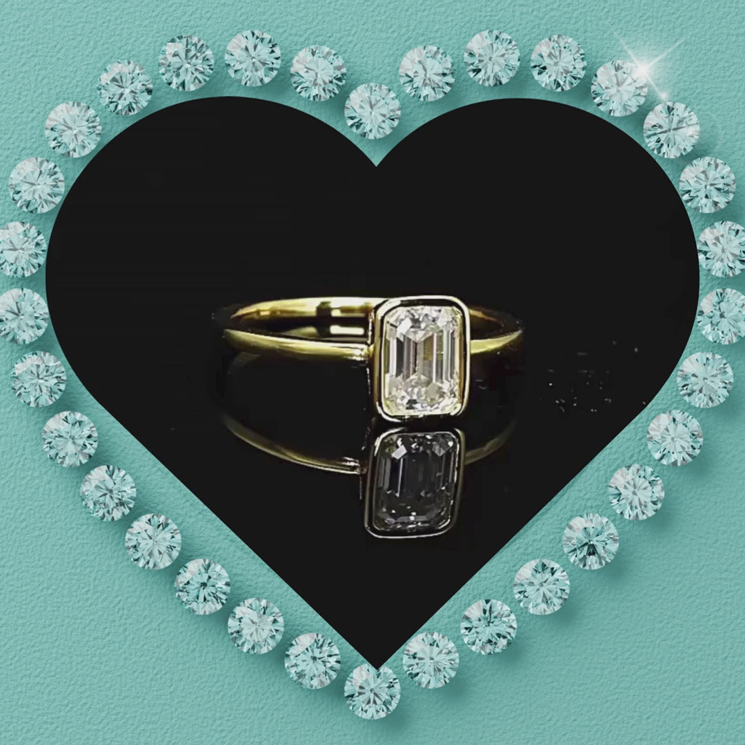 Modern emerald cut bezel set moissanite ring for women