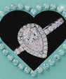 Sterling silver pear cut moissanite ring with halo and pavé band